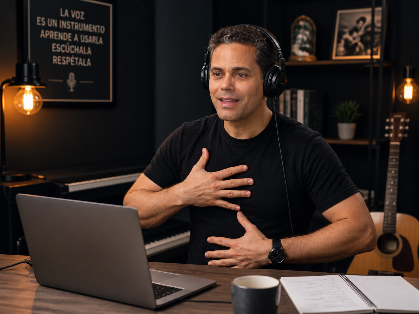 Engel Brito en su estudio de entrenamiento vocal