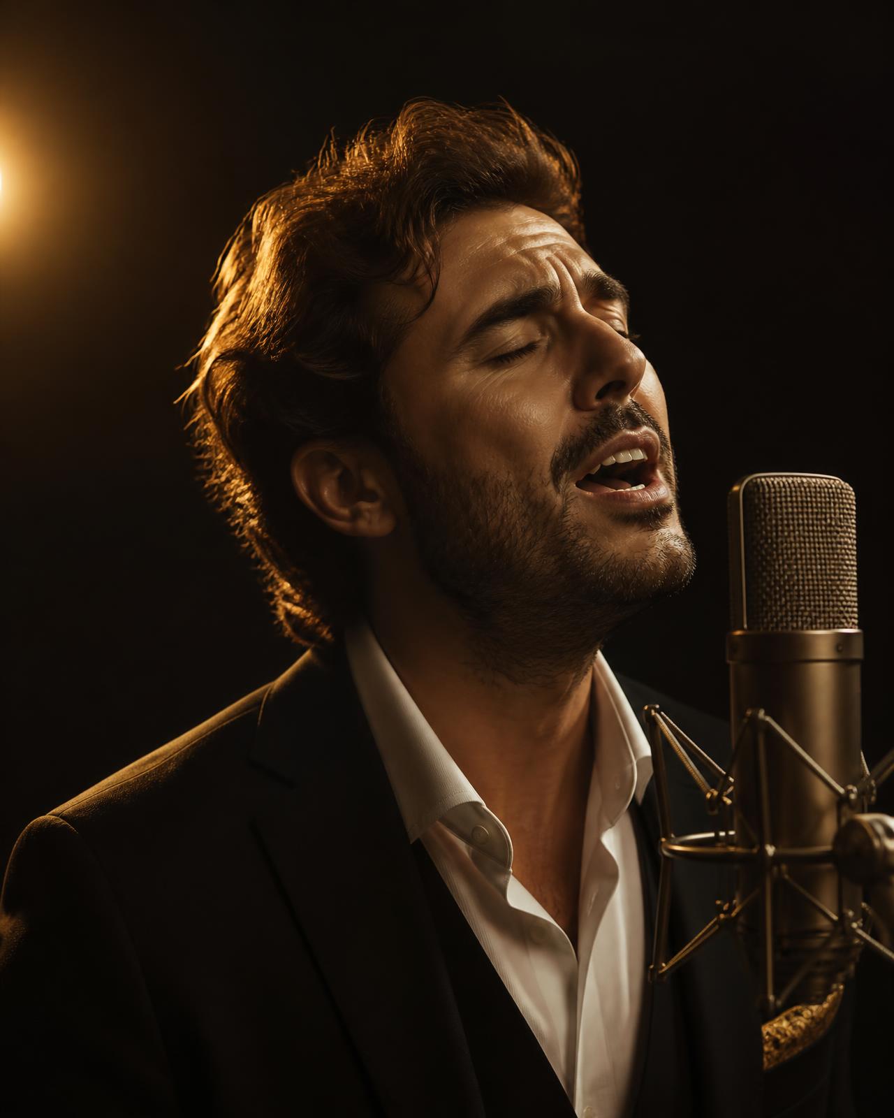 Engel Brito cantando frente a un micrófono de estudio con luz cálida